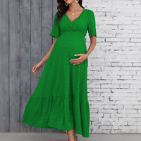 Robe longue de maternité décontractée pour femme, unie, texturée, à col en V croisé, taille smockée, à volants, manches courtes, grande taille