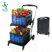 Chariot pliable multi-usages à deux niveaux 360 °   Chariot de courses à roulettes pivotantes avec 2 caisses de rangement, chariot pliable robuste