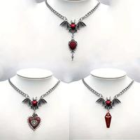 Collier Pendentif Gothique Exagéré avec Cœur Magique, Croix et Cercueil, en Émail Rouge Goutte d'Eau, pour Femme, Bijou Tendance pour Fête d'Halloween