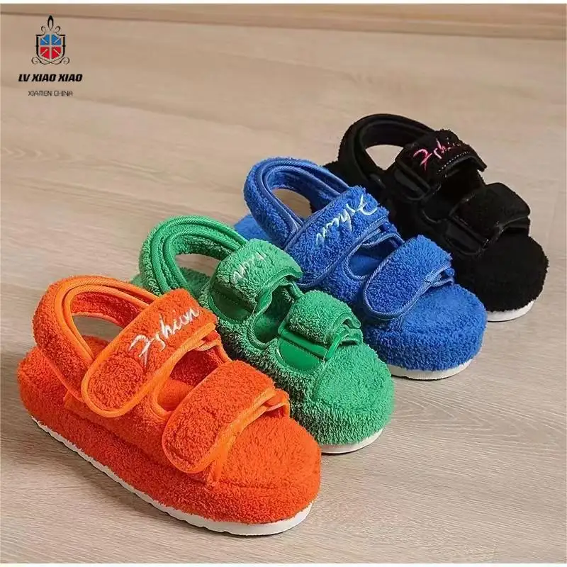 LXX4629 2022 Fashion new arrivals women shoes lady candy color fur embroidery flat Sandals for woman