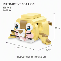 Ensemble de blocs de construction interactifs personnalisés Lion de mer avec ailerons mobiles à bouton-poussoir, jouet de construction animalier STEM, OEM, marque privée