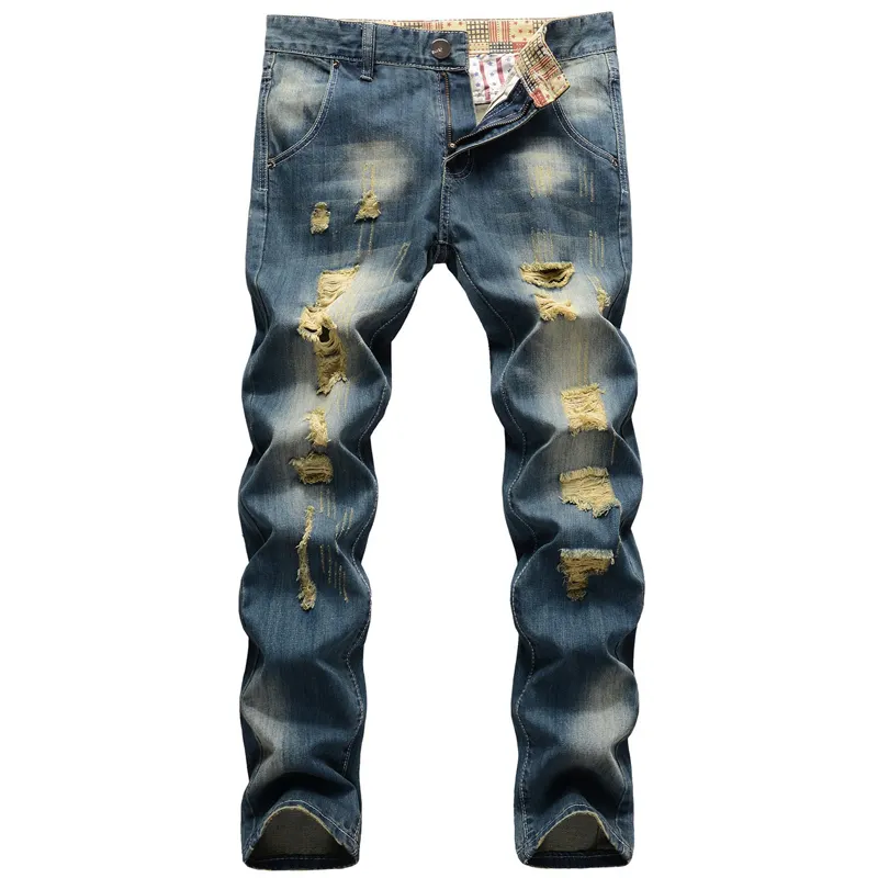 Factory Customize Ripped jeans men's slim straight large size fashion Korean style trend personality beggar long pants
