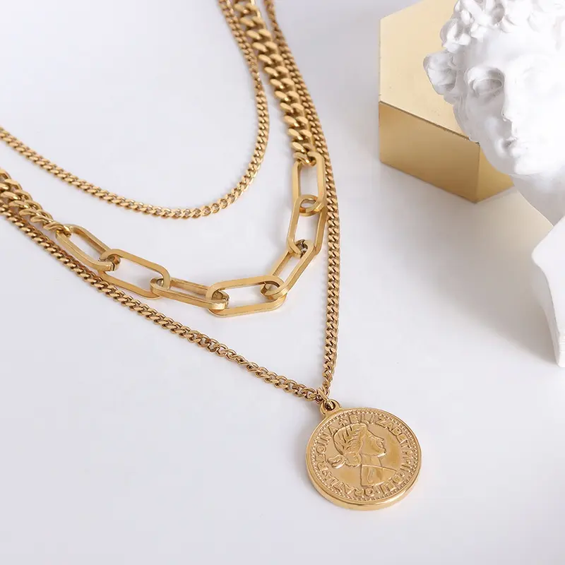 Latest Vintage 3 Layers Solid 18K Gold Plated Jewelry Stainless Steel Multilayer Coin Pendant Necklace Designs For Women