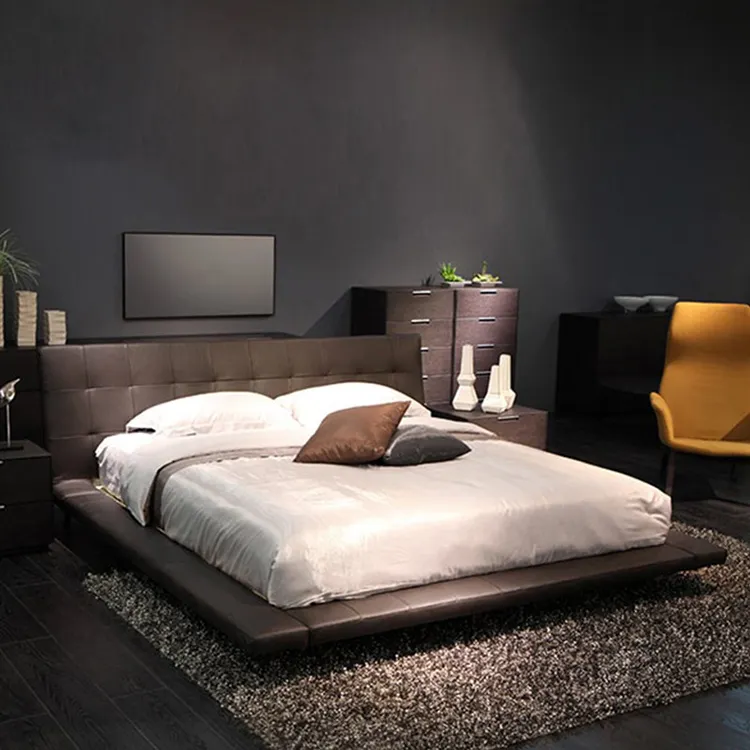 이탈리아 현대 가죽 및 직물 침대 침실 가구 미니멀리스트 디자이너 스타일 간단한 킹 사이즈 침대