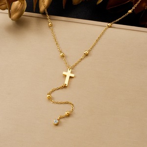 Gold Plated Stainless Steel Cross Pendant Necklace Women Long Beaded Chain Clavicle Chain Everyday Wear - Product Image 1