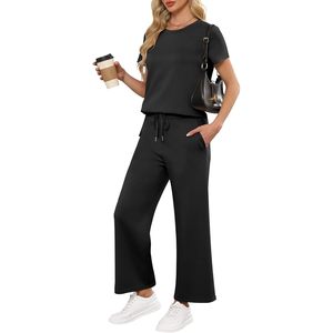 Ensemble de détente 2 pièces pour femme, manches courtes, pantalon large, tenue décontractée assortie, survêtement d'été respirant en maille - Product Image 1