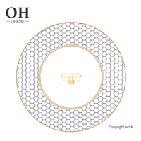 Ensemble d'Assiettes Bleu Foncé avec Bord Doré Charmante Vaisselle Petite Abeille Design Nid d'Abeille Assiette de Présentation de Mariage pour Événement, Traiteur et Location