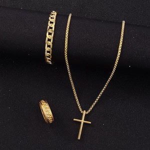 Ensemble de 3 pièces plaqué or : Colliers pendentifs croix tendance, bracelets chaîne cubaine et bague pour femmes et hommes, bijoux de fête - Product Image 2