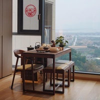 Nouvel ensemble table et chaises en bois massif de style chinois - Finition noyer compacte, station de thé inspirée du Zen pour salon et balcon
