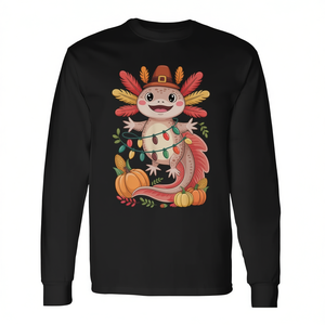 Linda camiseta de manga larga con diseño de axolote de Acción de Gracias, sombrero de peregrino y luces navideñas - Product Image 3