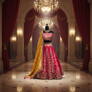 Lehenga Choli de mariée or cramoisi, moderne et élégant, tenue de soirée, tenue de mariage et de festival traditionnelle de créateur pour femme, infroissable - Product Image 2