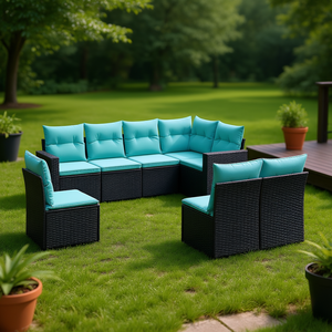 Pe Rattan Garden Sofa Set Powder Coated Steel <b>Frame</b> 6 Seater Outdoor Furniture With Turquoise Cushions - Product Image 2