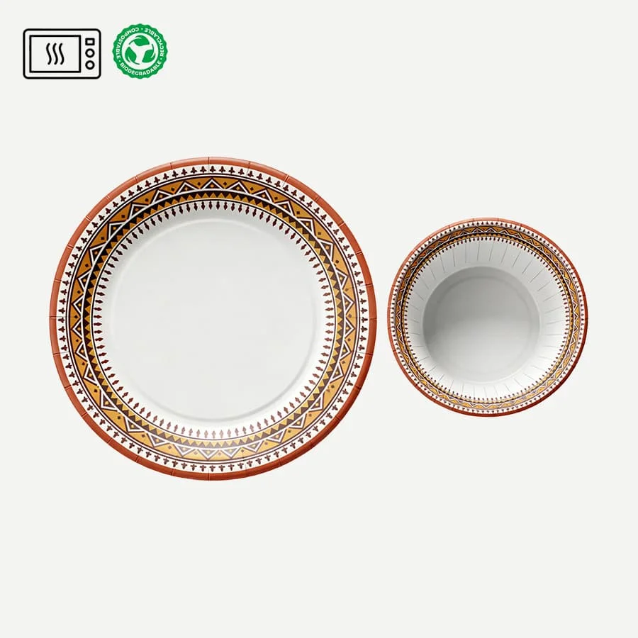 Bohemian Style Eco-Friendly Biodegradable BPA Free Microwave Safe Party 6 8 9 10 12 Inch Disposable Paper Plates & and Bowls