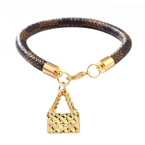 <b>Leather</b> <b>Bracelet</b> With Mini Bag Charm Gold Plated Checkerboard Pattern Black White Brown Gift Jewelry - Product Image 5