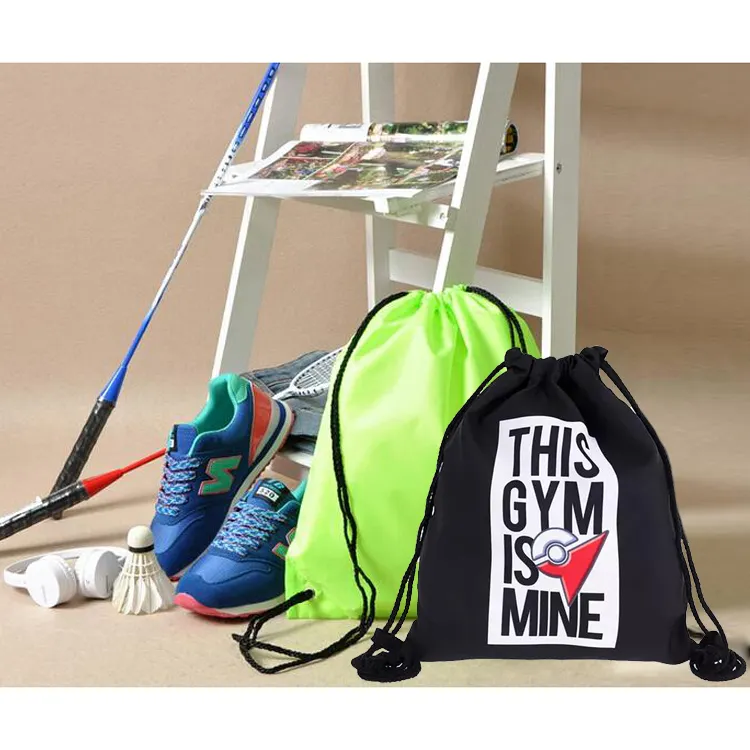 Customized Gym Yoga Sack Pack Drawstring Backpack Draw Pull String Back nylon cloth canvas tote bag With Inside Pockets Ribbon