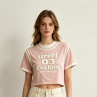 T-shirts courts personnalisés brodés pour femmes, OEM ODM, avec bordure rayée, col rond, manches courtes, décontractés, en coton
