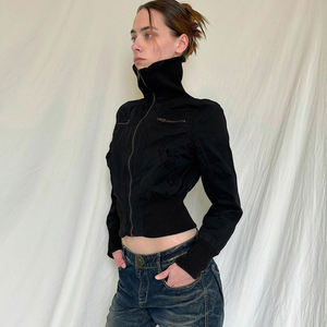High-Neck Zip-Up Woven Jacket <b>for</b> <b>Women</b>, Stand <b>Collar</b> Slim-Fit Outerwear, Y2K Street Casual Fashion Style - Product Image 3