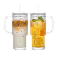 Ensemble de 2 gobelets de voyage en verre côtelé de 768 ml/26 oz avec poignée, couvercle à paille rabattable, anti-fuite, sans BPA, passe au lave-vaisselle