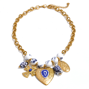 JINYOU 5825 <span class=keywords><strong>Collar</strong></span> de Cuentas de Cerámica Azul y <span class=keywords><strong>Blanco</strong></span> Vintage, <span class=keywords><strong>Collar</strong></span> con Colgante de Corazón de Acero Inoxidable Chapado en <span class=keywords><strong>Oro</strong></span> - Product Image 1