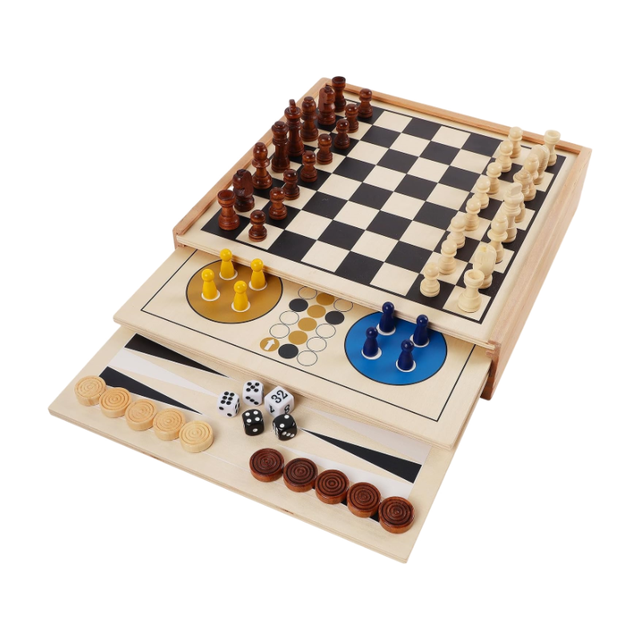 Wooden 7 in 1 Board Game Set Chess Checkers Backgammon with Storage Drawer for Family Game Tabletop Entertainment