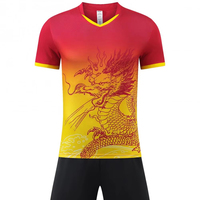Jersey Bulu Tangkis Naga Cina Kustom 100% Poliester Merah Kuning Gradasi Sublimasi Cepat Kering Tenis Meja Olahraga Tim V Neck