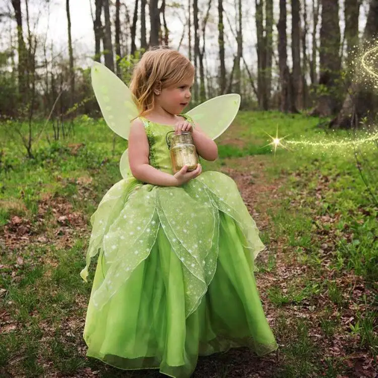 Grüne Prinzessin Tiana Schmetterling Basteln Glocke Kleid Blume Fee Cosplay Halloween Fee Kostüme Party kleid Inklusive Flügel