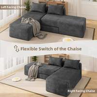 Canapé modulaire sectionnel en velours côtelé, en forme de L, trois places, réversible, convertible en chaise longue, avec dossier coussin et design sans accoudoirs