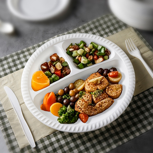 Récipient alimentaire biodégradable 10.25 "plaque PP remplie de minéraux jetables en plastique micro-ondable 3 compartiments emballage pour la fête - Product Image 1