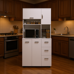 Meuble de rangement de cuisine moderne blanc avec 3 tiroirs et espace pour micro-ondes - Product Image 2