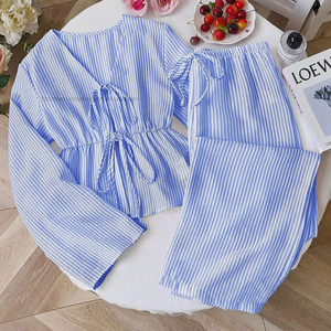 Women's New Arrival Comfortable Striped Loose-Fit <b>Tie</b>-Front Top & Pants Casual 2-Piece <b>Set</b> Fashion - Product Image 5