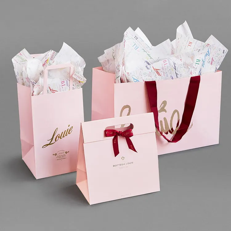 Custom Logo Printing Luxury Small Pink White Fashion Shopping Retail Gift Paper Bags With Ribbon Handle