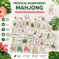 Jeu de Mahjong rose et vert tropical avec des scènes de vacances à l'île, des icônes de perroquet de la jungle, de fleur d'hibiscus et de coquillages