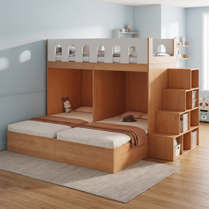 Lit superposé minimaliste en bois, taille twin, avec escalier de rangement pour enfants - Product Image 3