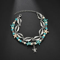 Bracelet de cheville en coquillage perlé à double couche pour femme Bijoux de cheville Vintage Shell Beads Turtle Starfish