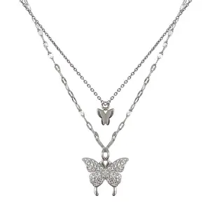 OEM custom 925 sterling silver butterfly pendant 2 layer necklace