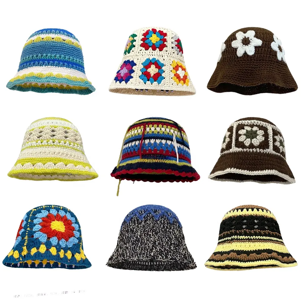WD-A808 Floral Crochet Hat For Women Handmade Foldable Multicolor Floppy Bucket Hats Beach Travel Outdoor Bucket Hat