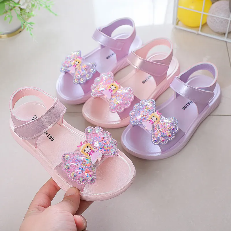 Sandalias de princesa transpirables con punta abierta para niñas, zapatos de playa de estilo coreano con diamantes de imitación, fondo suave, lazo, 2023