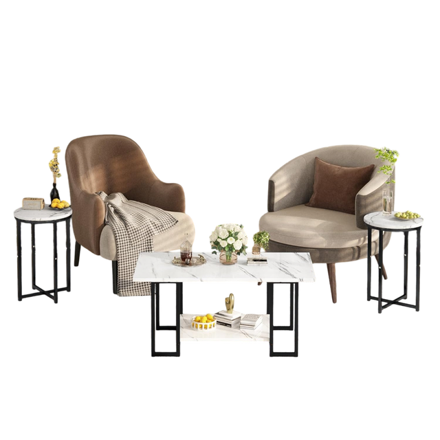 Modern Living Room Coffee Table Set with 2 Round End Side Tables Stainless Steel Frame for Apartment & Home Office