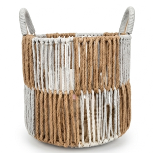 Panier de rangement en corde de coton tressé vertical style bohème color block avec poignées pour la décoration esthétique de la chambre et de la maison - Product Image 1