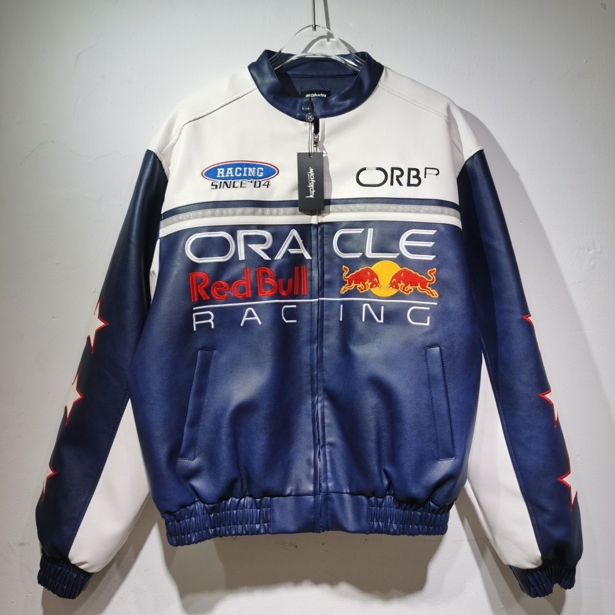 Veste en cuir brodée bleu roi