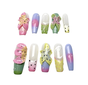 <span class=keywords><strong>Uñas</strong></span> Postizas Hechas a Mano, 10 Piezas, Personalizables, Medianas, Cuadradas, con Diseño Tropical 3D de <span class=keywords><strong>Flores</strong></span>, Gotas de Rocío y Frutas Exóticas - Product Image 6