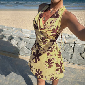 Floral Print Chiffon Recycled Polyester Natural Waist Surplice Plunge Neck Backless Swimsuit <b>Cover</b>-<b>Up</b> Sexy Summer Vacation Mini - Product Image 5