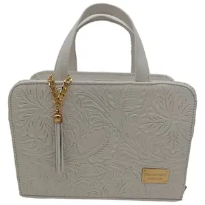 Sac fourre-tout en cuir de vachette blanc Fana Patricia, grande capacité, motif demi-lune, sangle à chaîne décorée, pompon, décontracté, pour femmes - Product Image 4
