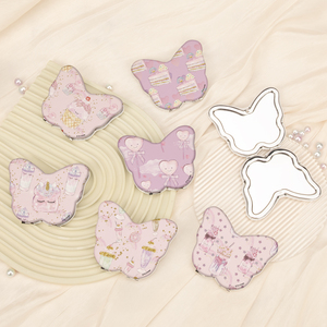 Miroir compact en cuir PU imprimé motif papillon, cadre métallique argenté, double face, verre HD, format poche, thème dessert pastel - Product Image 3