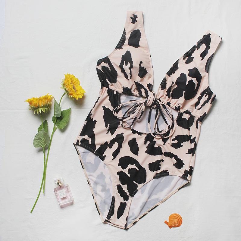 2022 New Design DAMO Plus Size Sexy Women Leopard Swimsuit Hollow Out Tie One Piece Sexy Tankini Recycled Nylon Swimwear