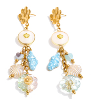 Boucles d'oreilles pendantes JINYOU 7640 en acier inoxydable plaqué or PVD, avec pierres naturelles, émail, coquillages, résine, fleurs et perles, à pampilles