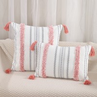 Housse de coussin en coton Farmhouse Housse de coussin tuftée à rayures avec glands