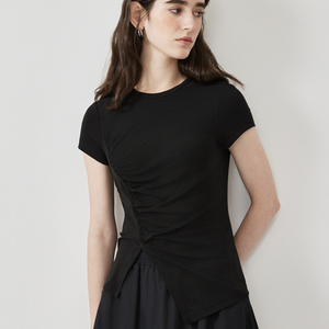 Camiseta de Punto Asimétrica de Manga Corta y Cuello Redondo para Mujer, Color Sólido, Corte Ajustado, Estilo Minimalista, para Todas las Temporadas - Product Image 1