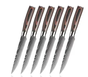 Set di coltelli da bistecca di lusso vichingo in acciaio inossidabile con patter laser damasco professionale di vendita caldo con manico in legno PAKKA