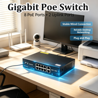 Switch PoE de 8 Puertos con 2 Puertos Gigabit Uplink, Protección contra Rayos de 6KV, Extensiones de Red de 250M para Cámaras IP AP-3028GE
